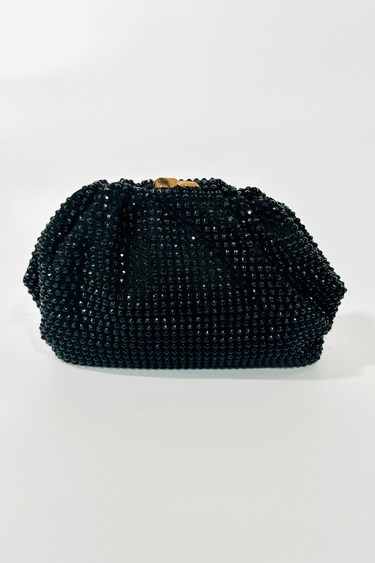 Black beaded clutch with gold chain strap