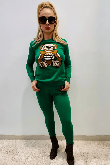 Bearlicious Green Pant Set – Teddy Knit Two-Piece Outfit front view showing complete two piece pant set