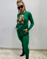 Bearlicious Green Pant Set – Teddy Knit Two-Piece Outfit close up of knit top design and fabric detail