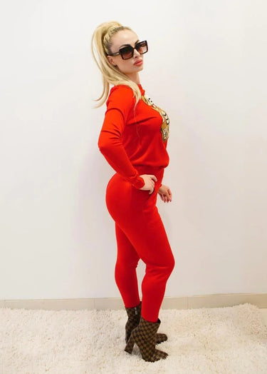 Women's Red pant set knit style back view