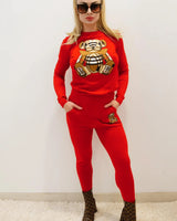 Bearlicious Red Pant Set – Teddy Knit Two-Piece Outfit front view showing complete two piece pant set