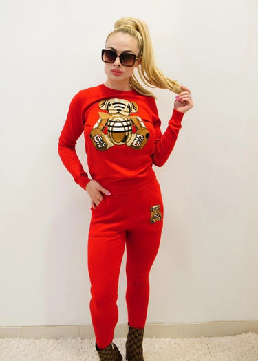 Bearlicious Red Pant Set – Teddy Knit Two-Piece Outfit side view showing pants silhouette and fit
