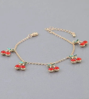 Bejeweled Cherry Charm Bracelet Gold Red - women's statement jewelry