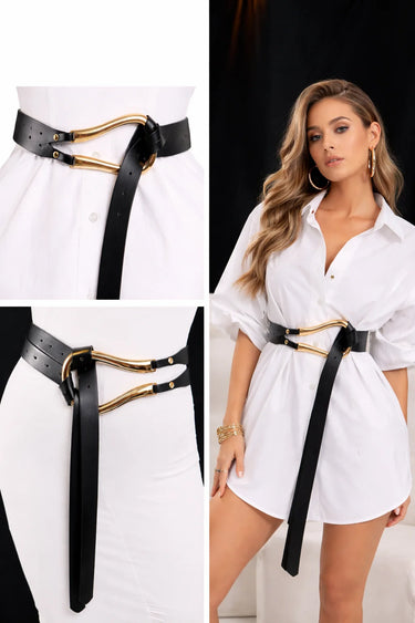 Imperial Black Waist Belt with Curved Metallic Detail - view 2