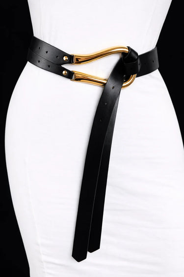 Imperial Black Waist Belt with Curved Metallic Detail - view 4