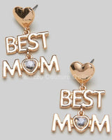 Best Mom Earrings with Heart Detail and Crystal Accent - front view