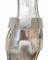 Moonlight Chic Silver Slide Sandals with Metallic H Cut-Out Design - view 2