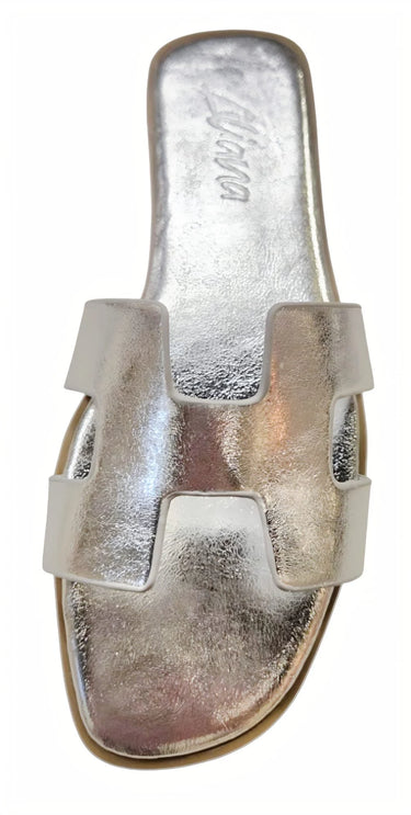 Moonlight Chic Silver Slide Sandals with Metallic H Cut-Out Design - view 2