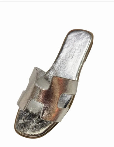 Moonlight Chic Silver Slide Sandals with Metallic H Cut-Out Design - view 3