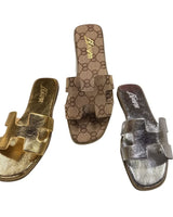 Moonlight Chic Silver Slide Sandals with Metallic H Cut-Out Design - view 4