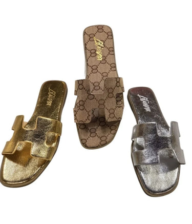 Moonlight Chic Silver Slide Sandals with Metallic H Cut-Out Design - view 4