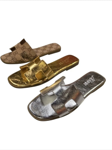 Moonlight Chic Silver Slide Sandals with Metallic H Cut-Out Design - view 5