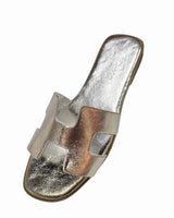 Moonlight Chic Silver Slide Sandals with Metallic H Cut-Out Design - front view