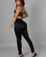 Women's Black pant set high waist style back view