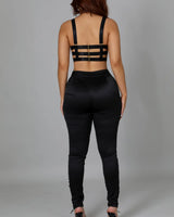 Better Nights Black Two Piece Set with Ruched High Waist Pants side view showing pants silhouette and fit