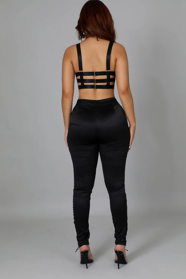 Better Nights Black Two Piece Set with Ruched High Waist Pants side view showing pants silhouette and fit