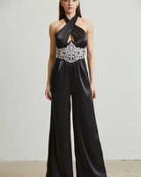 Black Embellished Halter Jumpsuit – Midnight for women - stylish jumpsuit by Palazzo Couture
