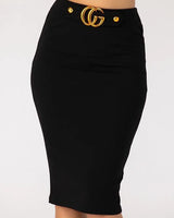 Fashion Buckle Black Pencil Skirt – High Waist Knee Length - view 2