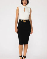 Fashion Buckle Black Pencil Skirt – High Waist Knee Length - front view