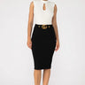 Fashion Buckle Black Pencil Skirt – High Waist Knee Length - front view