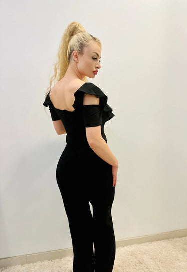 Black Jumpsuit Ruffle Detailed Fashion Jumpsuit with Belt - elegant jumpsuit for parties and events