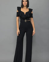 Black Jumpsuit Ruffle Detailed Fashion Jumpsuit with Belt - women's one-piece outfit for going out