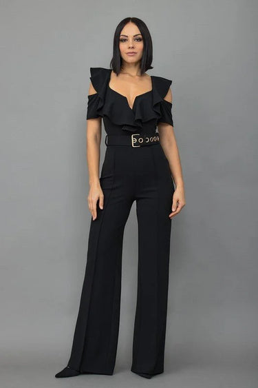Black Jumpsuit Ruffle Detailed Fashion Jumpsuit with Belt - women's one-piece outfit for going out