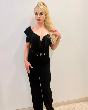 Black Jumpsuit Ruffle Detailed Fashion Jumpsuit with Belt - trendy women's jumpsuit