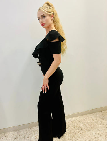 Black Jumpsuit Ruffle Detailed Fashion Jumpsuit with Belt - chic one-piece by Palazzo Couture