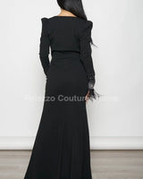Black Maxi Dress Set with Feather Cuff Blazer – Elegant Evening Outfit showing sophisticated construction details
