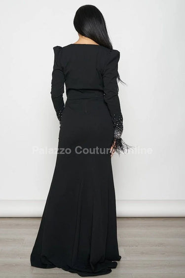 Black Maxi Dress Set with Feather Cuff Blazer – Elegant Evening Outfit showing sophisticated construction details