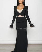 Black Maxi Dress Set with Feather Cuff Blazer – Elegant Evening Outfit close up detail of feather design and fabric