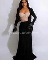Stunning Elegant Evening Outfit long dress feather fit styled for formal occasion