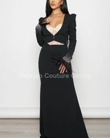 Black Maxi Dress Set with Feather Cuff Blazer – Elegant Evening Outfit front view showing full-length maxi silhouette
