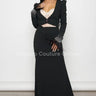 Black Maxi Dress Set with Feather Cuff Blazer – Elegant Evening Outfit front view showing full-length maxi silhouette