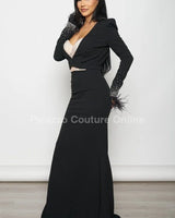 Black Maxi Dress Set with Feather Cuff Blazer – Elegant Evening Outfit side view highlighting floor-length hemline