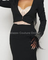 Black Maxi Dress Set with Feather Cuff Blazer – Elegant Evening Outfit full body look paired with heels and statement jewelry