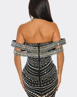 Black Rhinestone Mini Dress – Glam Luxe Fit close up detail of elegant design