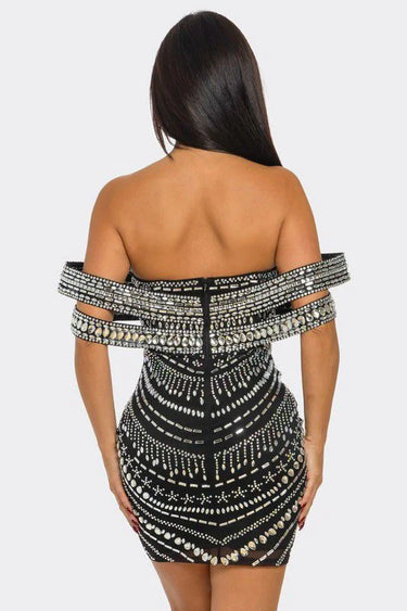 Black Rhinestone Mini Dress – Glam Luxe Fit close up detail of elegant design
