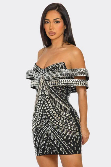 Black Rhinestone Mini Dress – Glam Luxe Fit showing dress construction and fit details