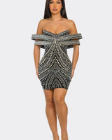 Black Rhinestone Mini Dress – Glam Luxe Fit front view showing mini dress silhouette