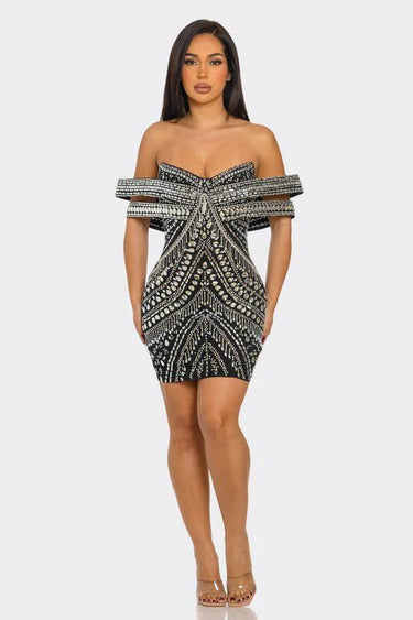 Black Rhinestone Mini Dress – Glam Luxe Fit front view showing mini dress silhouette
