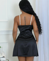 Black Satin Rose Mini Dress – Roses At Midnight Mini Dress close up detail of satin design