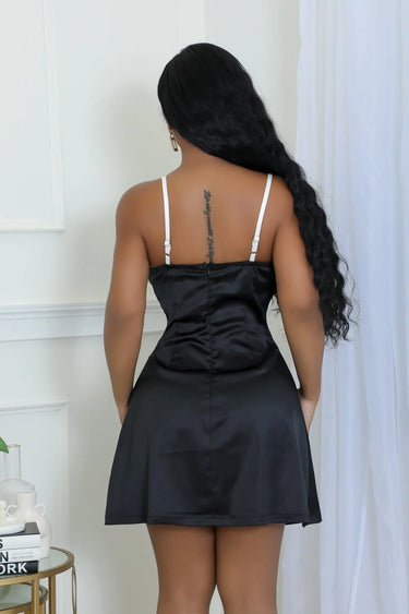 Black Satin Rose Mini Dress – Roses At Midnight Mini Dress close up detail of satin design