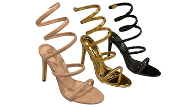 Black spiral ankle wrap stiletto heels - women's elegant going-out shoes