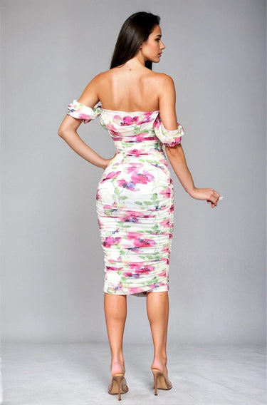 Bloom Allure Off - Shoulder Mesh Midi Dress - Fuchsia Multi - Palazzo Couture Online