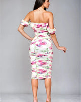 Women's Fuchsia Multi midi dress off-shoulder style back view