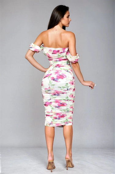 Women's Fuchsia Multi midi dress off-shoulder style back view
