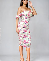 Bloom Allure Off-Shoulder Mesh 
Midi  Dress - Fuchsia Multi close up detail of off-shoulder design