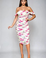Bloom Allure Off-Shoulder Mesh 
Midi  Dress - Fuchsia Multi front view showing full midi length silhouette